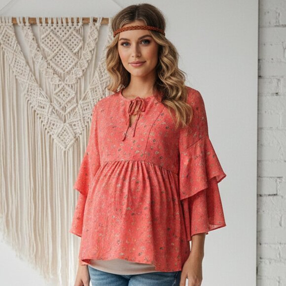 GAP Tops - Gap Maternity Blouse Boho Layered Festival Floral Peasant Pink Coral M